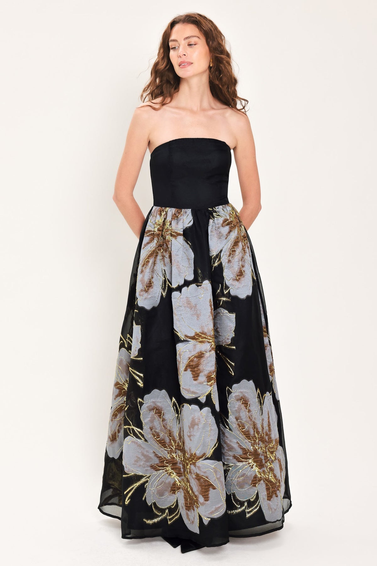 NOIR GARDEN BLACK STRAPLESS PRINTED MAXI DRESS
