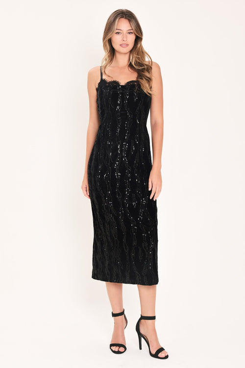 Black Sequin Velvet Sweetheart Lace Trim Midi Dress in Black, front view | Lady Black Tie