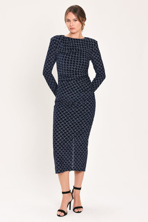 Navy Metallic Burnout Velvet Ruched Midi Dress in Navy, front view | Lady Black Tie