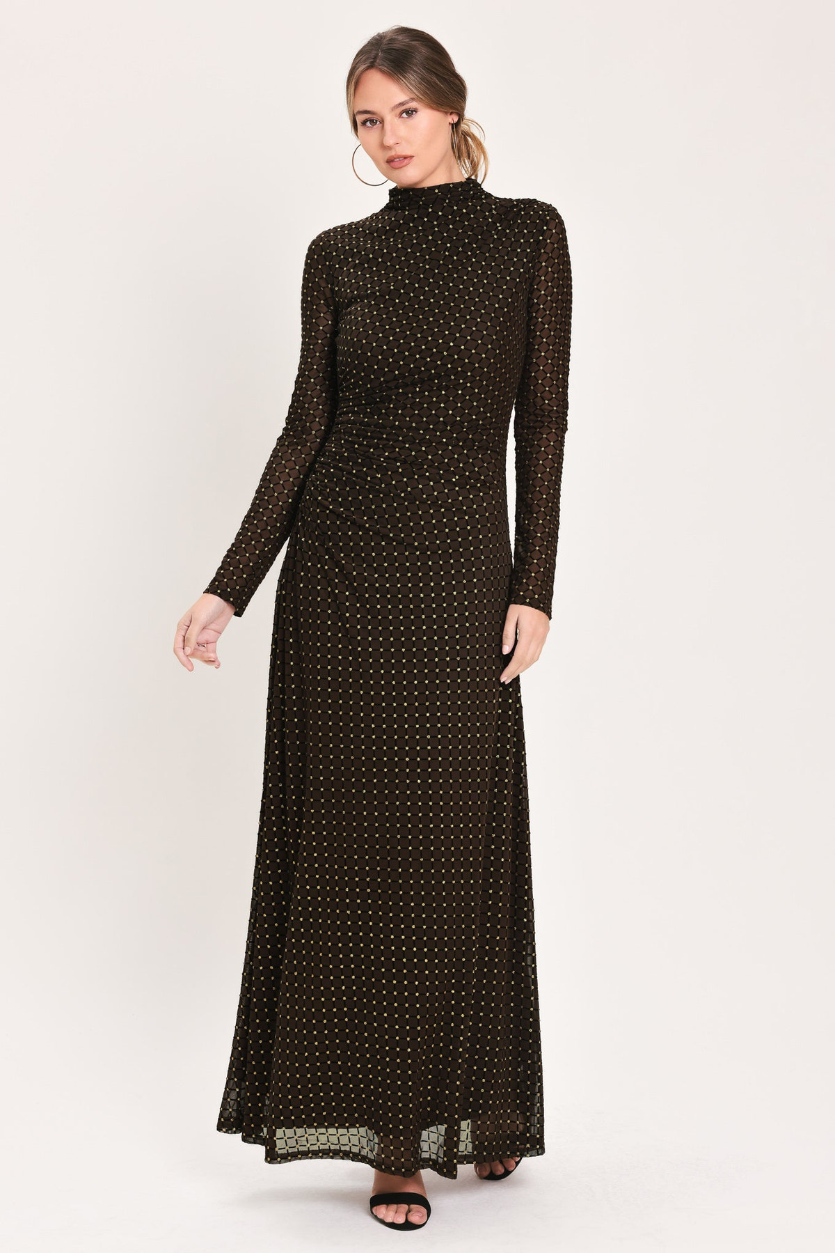 Dark Brown Burnout Velvet Mesh Long Sleeve Maxi Dress in Dark Brown, front view | Lady Black Tie