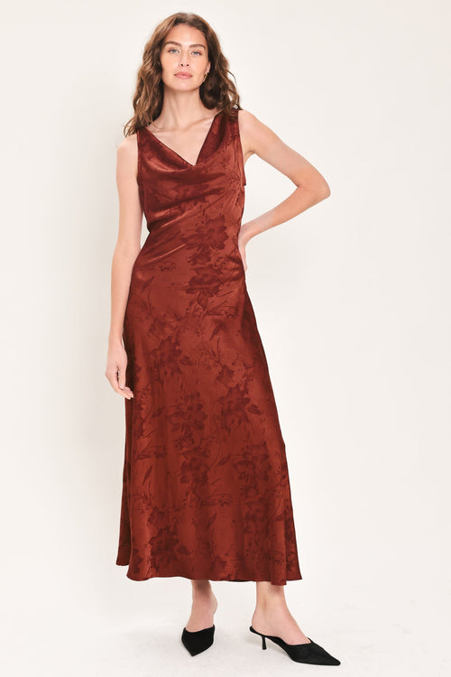 Brick Red Jacquard Cowl Neck Twist Back Midi Dress in Brick, front view | Lady Black Tie