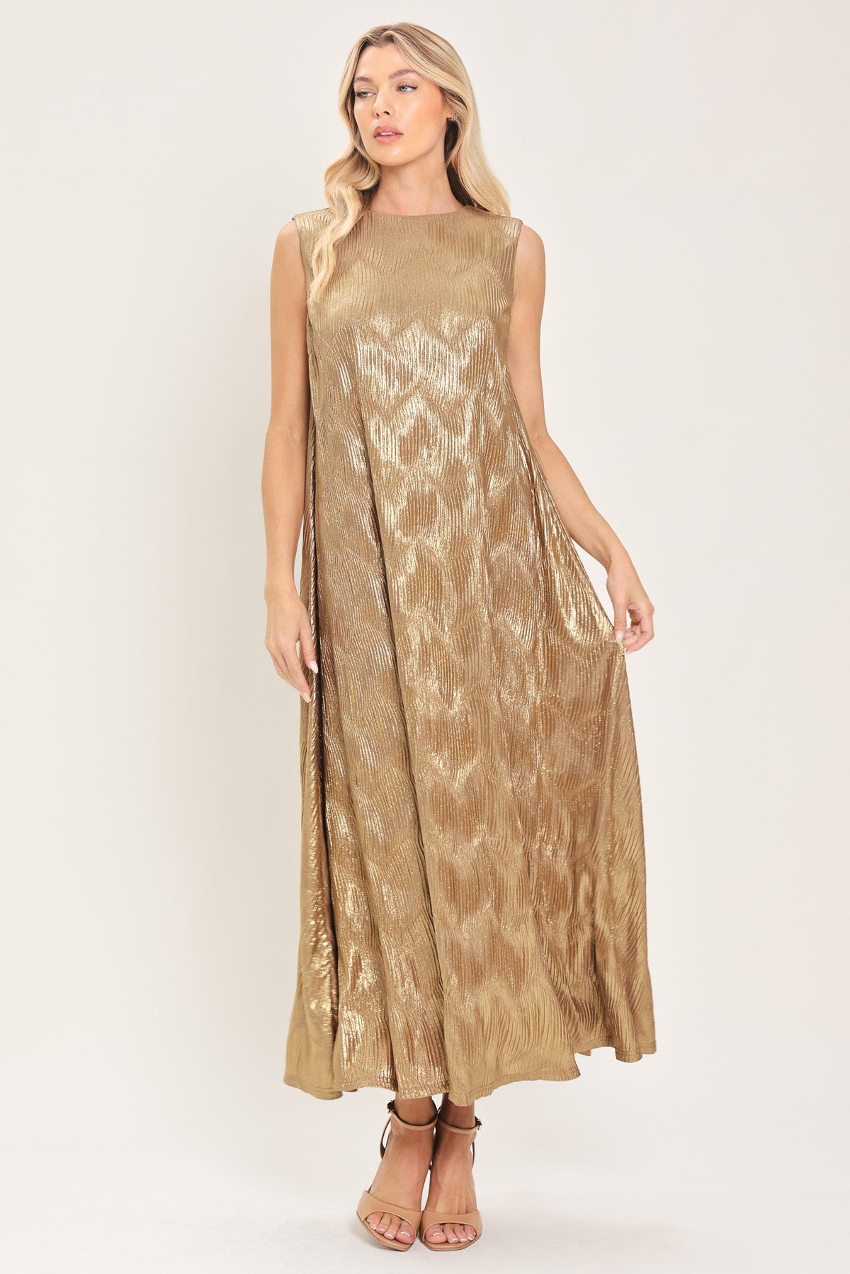 Gold Metallic Belted Midi Dress in Gold, front view without belt | Lady Black Tie
