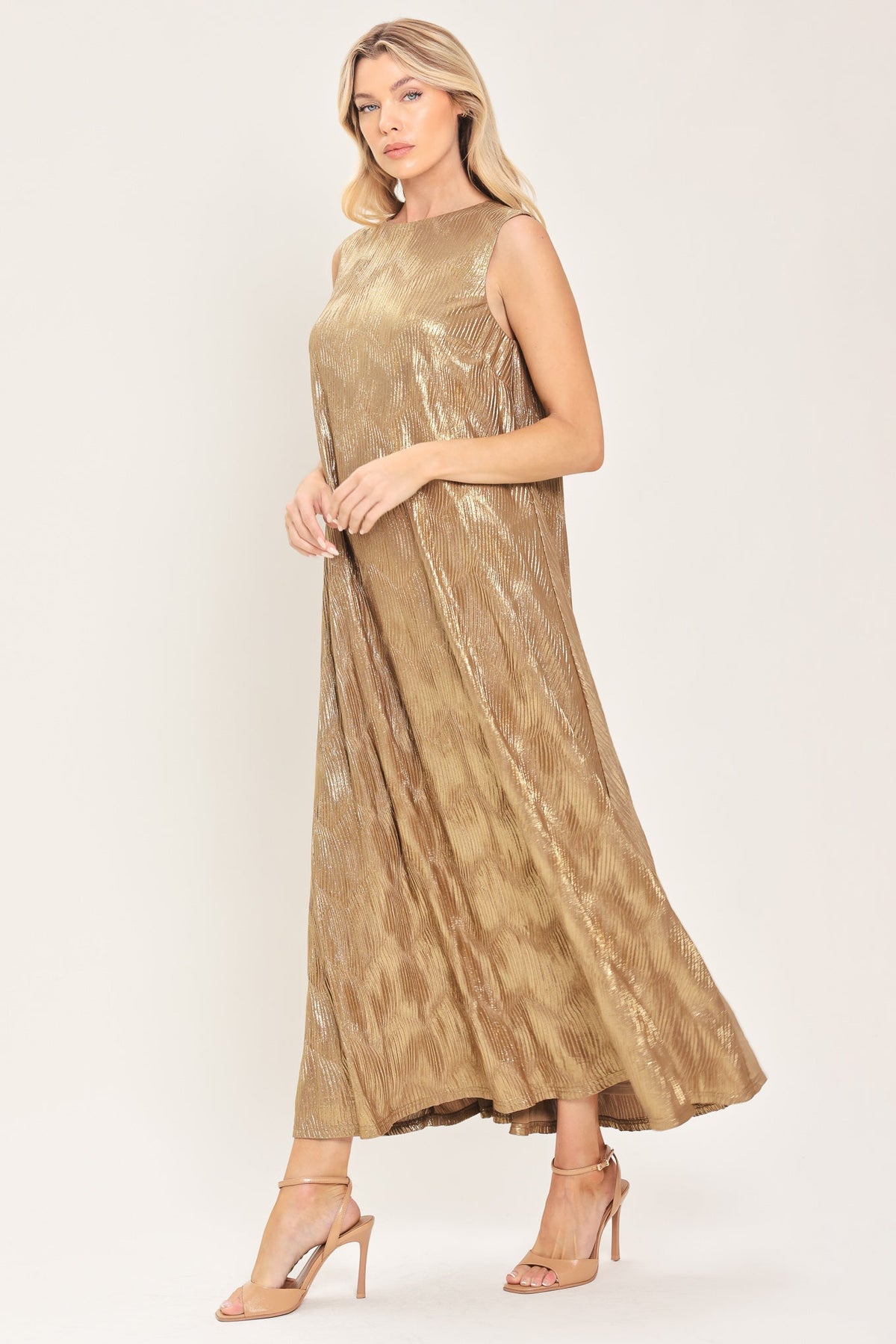 Gold Metallic Belted Midi Dress in Gold, three-quarter view without belt | Lady Black Tie