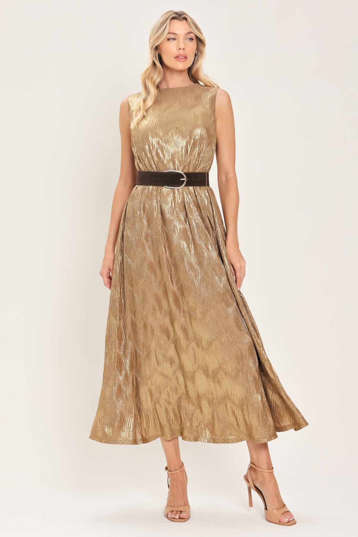Gold Metallic Belted Midi Dress in Gold, front view with belt | Lady Black Tie