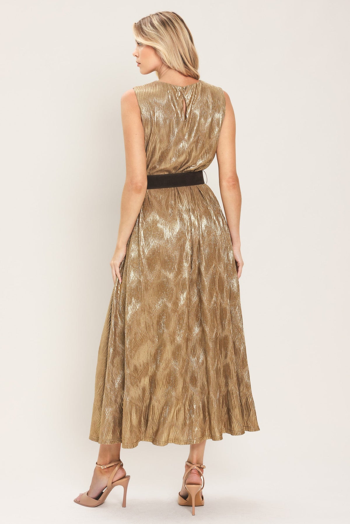 Gold Metallic Belted Midi Dress in Gold, back view with belt | Lady Black Tie