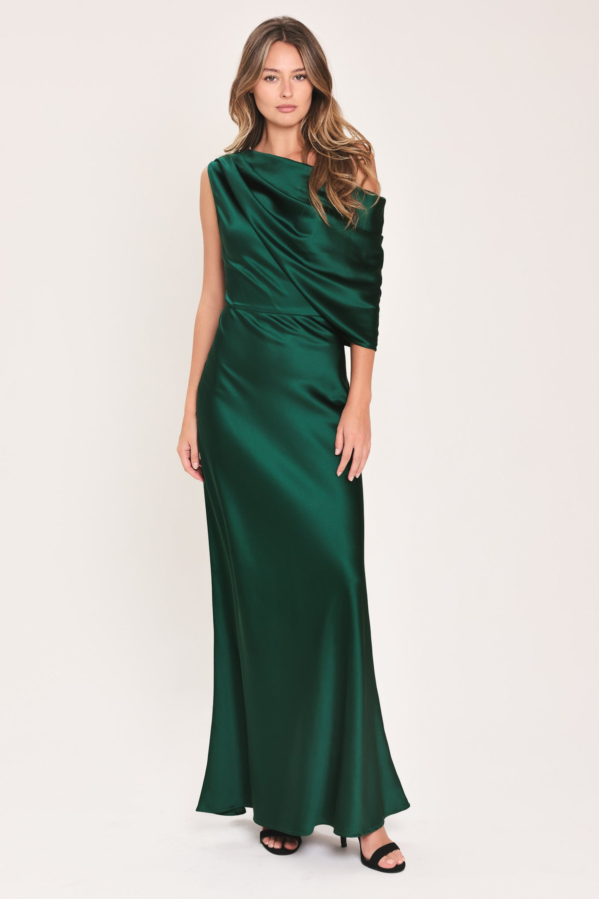 Satin One Shoulder Draped Maxi Dress in Emerald, front view | Lady Black Tie