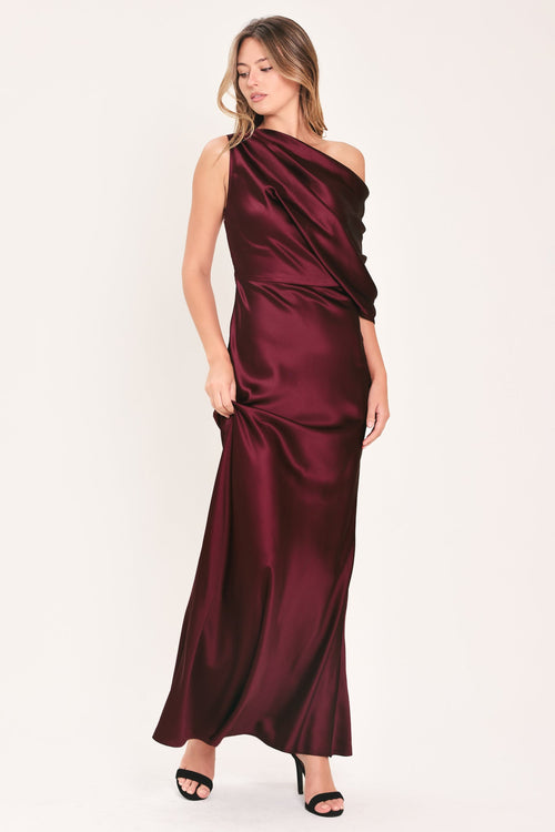Satin One Shoulder Draped Maxi Dress in Wine, front view | Lady Black Tie
