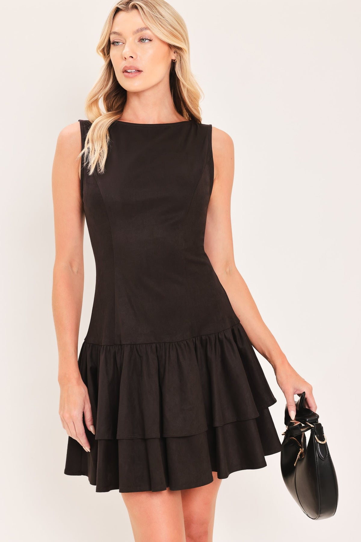 ID24585 CHOCOLATE - Shadow Dropwaist Faux Suede Mini Dress | Lady Black Tie