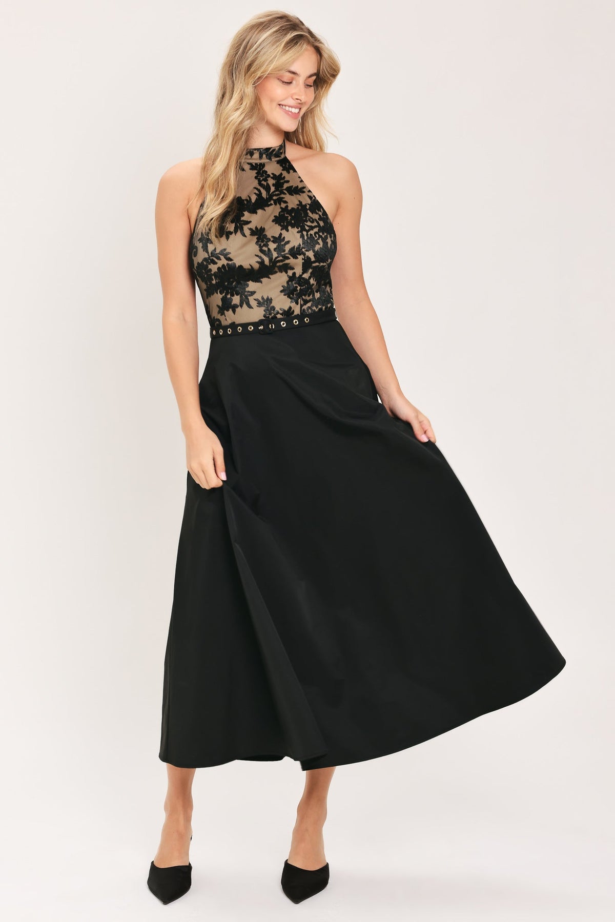 Black Lace Halter Circle Skirt Midi Dress in Black, alternate view | Lady Black Tie