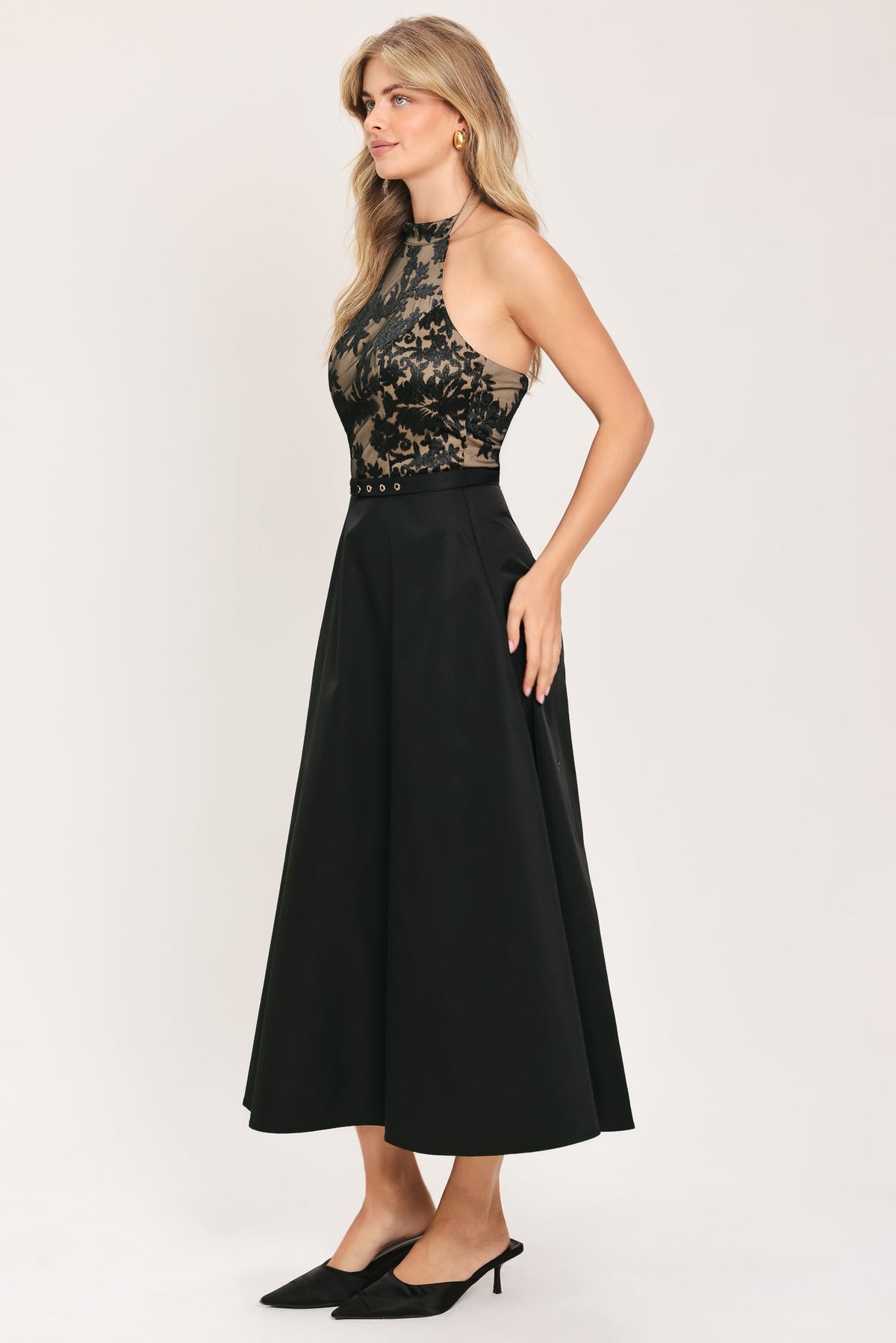 Black Lace Halter Circle Skirt Midi Dress in Black, alternate view | Lady Black Tie