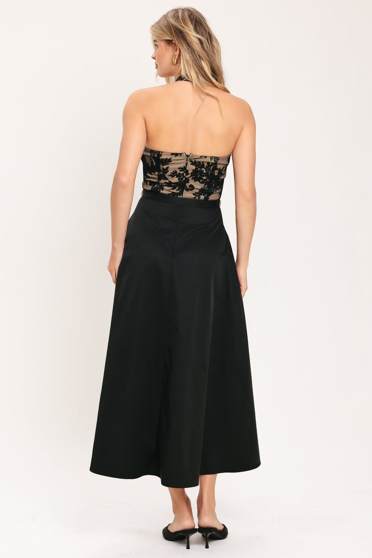 Black Lace Halter Circle Skirt Midi Dress in Black, alternate view | Lady Black Tie