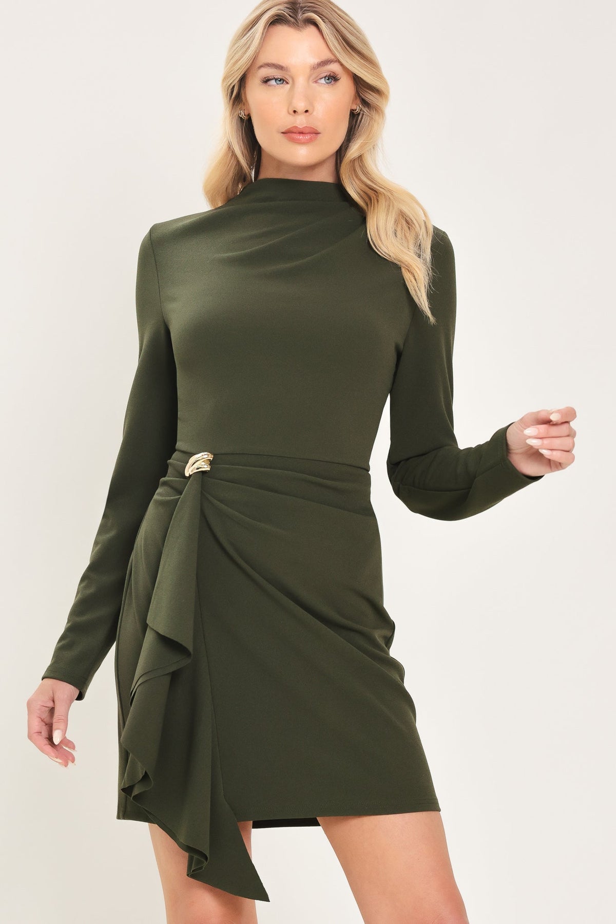 Olive Green Long Sleeve Ruffle Mini Dress in Dark Olive, side view of ruffle | Lady Black Tie