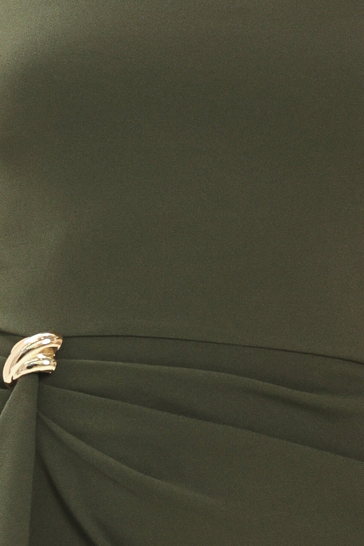 Olive Green Long Sleeve Ruffle Mini Dress in Dark Olive, close-up of gold hardware detail | Lady Black Tie