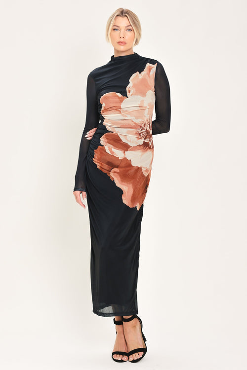 Black Floral Mesh Funnel Neck Shirred Midi Dress in Black, front view | Lady Black Tie