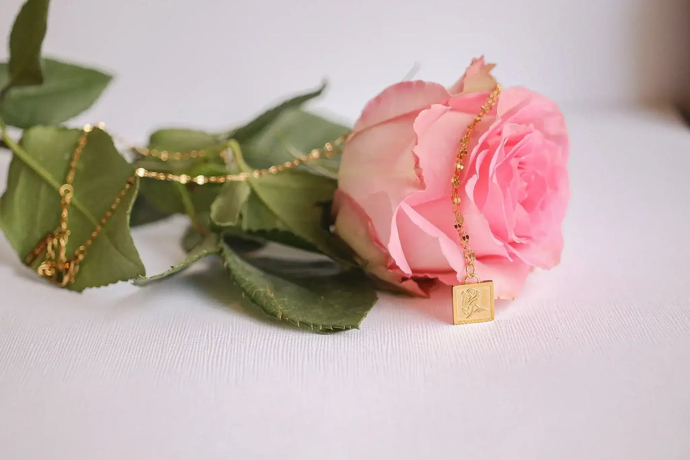 A pink rose lies on a soft, white surface, intertwined with a delicate gold chain featuring a small square pendant engraved with a rose design.