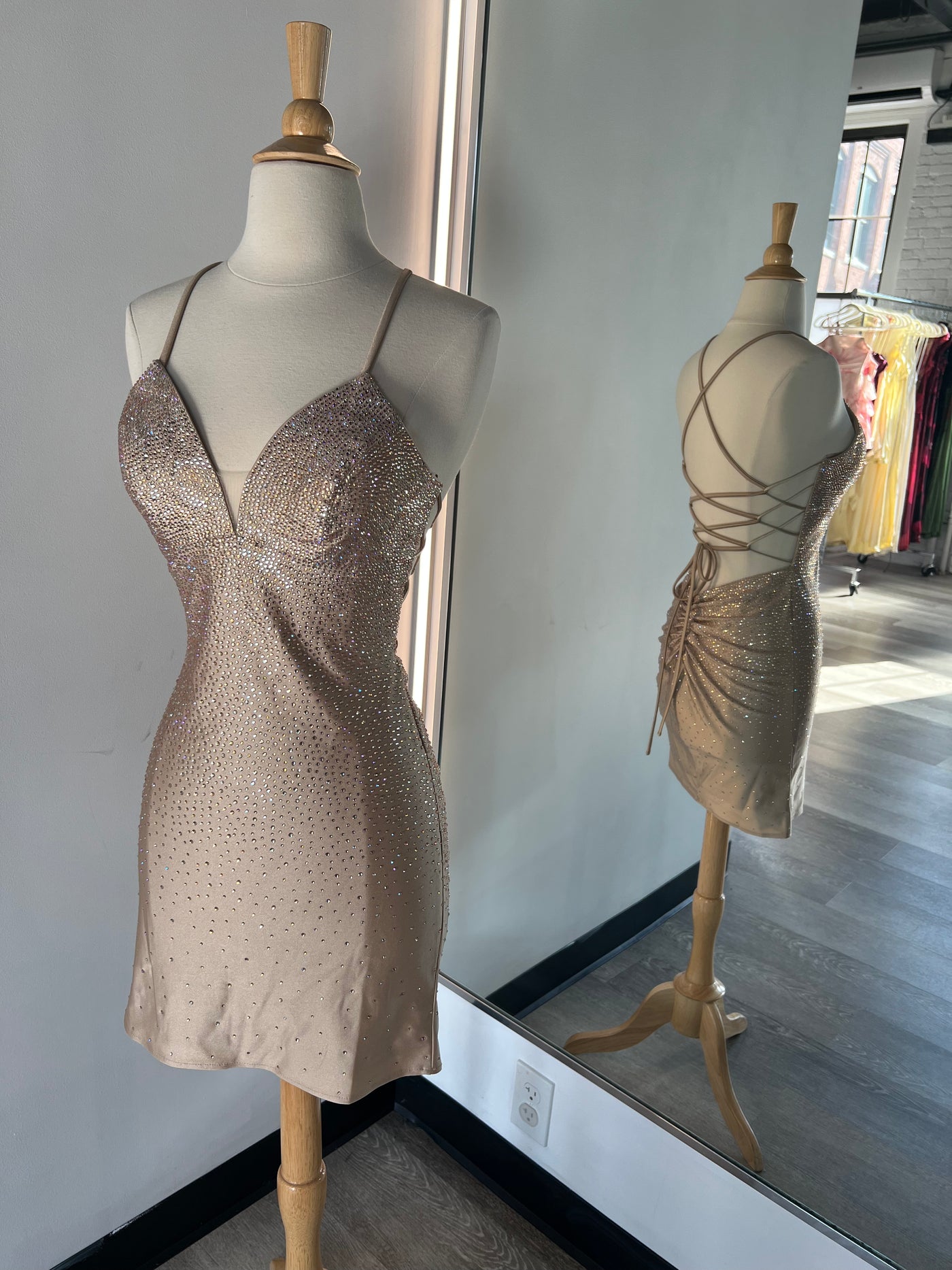 NOVALEE MINI - CHAMPAGNE - HOT STONE LACE-UP DRESS