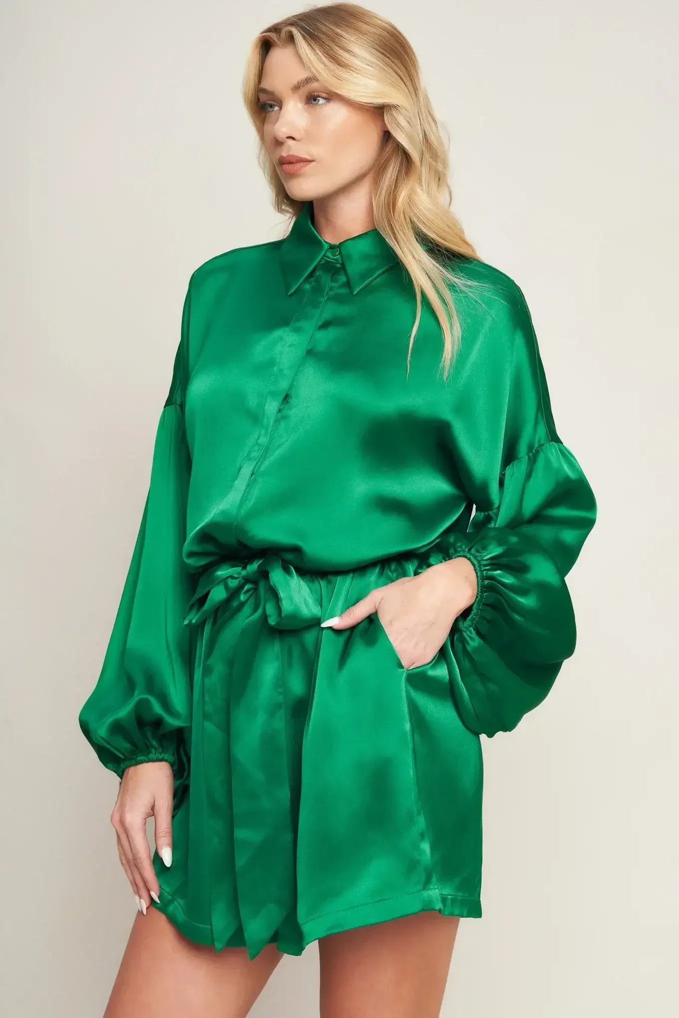 CELEBRATION TIME GREEN SATIN ROMPER WITH LONG SLEEVES