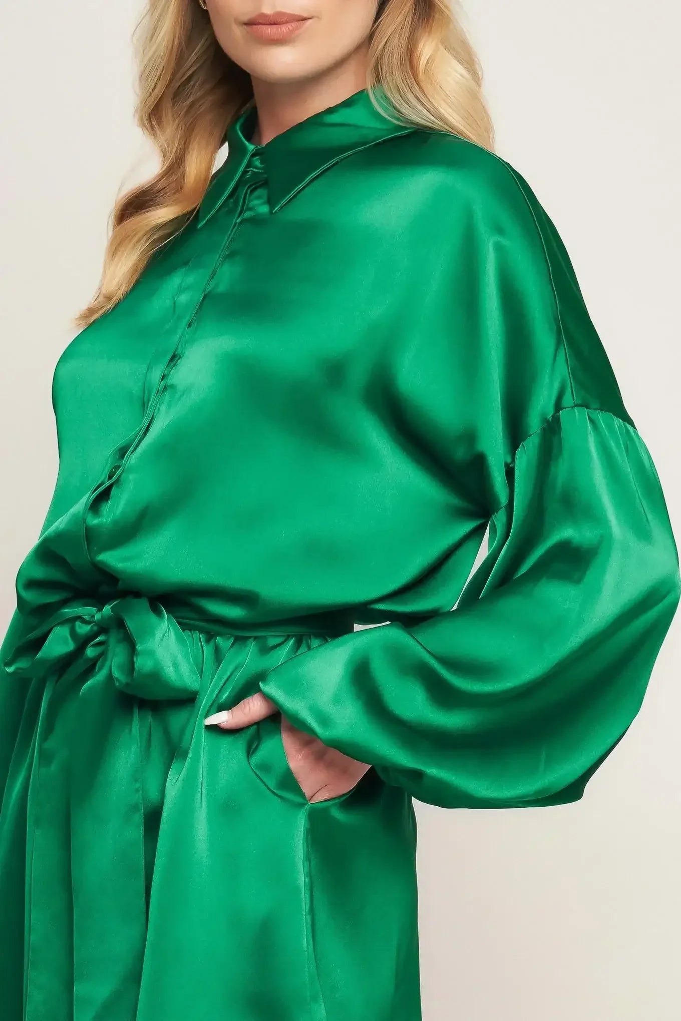 CELEBRATION TIME GREEN SATIN ROMPER WITH LONG SLEEVES
