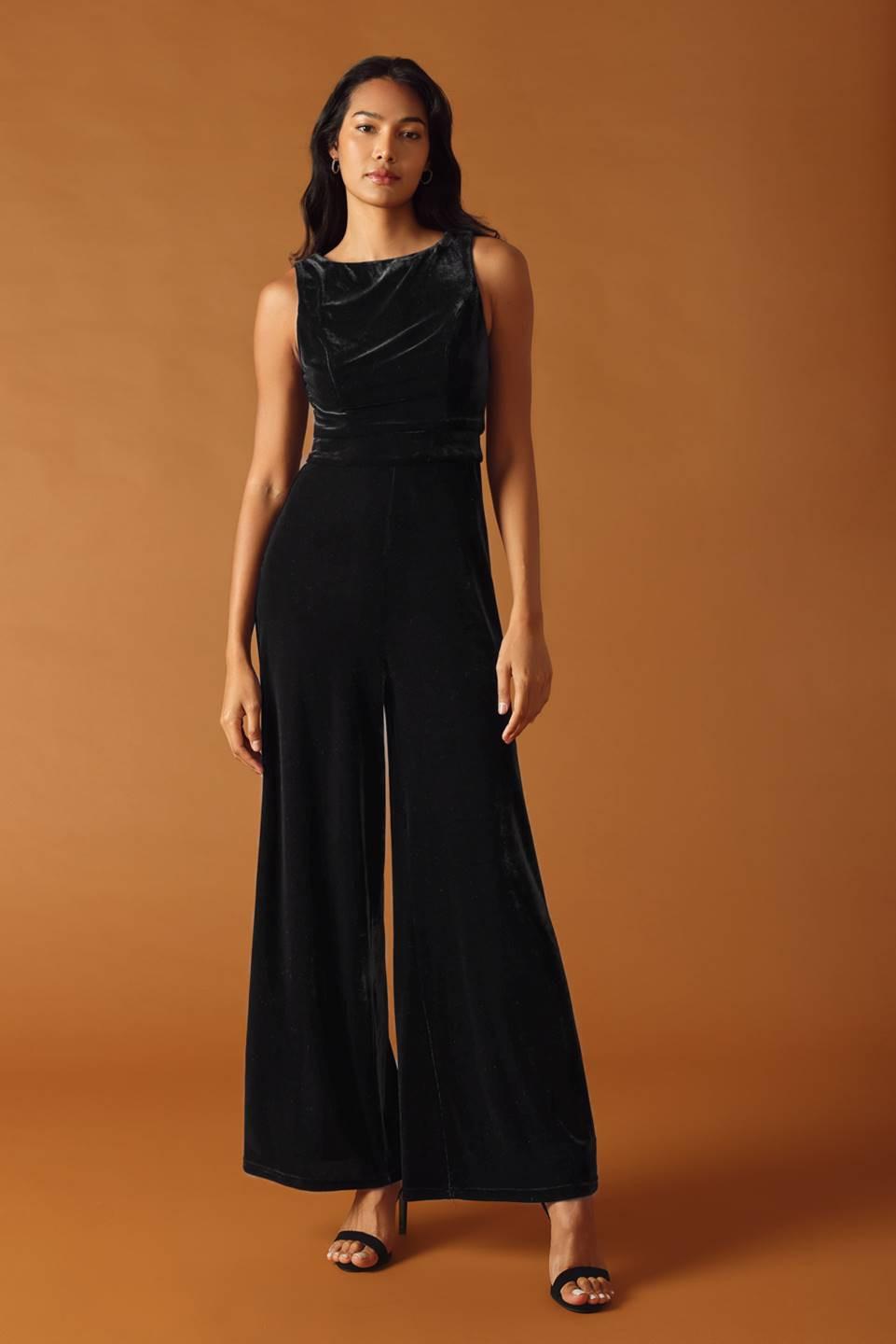 Sleeveless Wide Leg Velvet Jumpsuit in Black, front view | Lady Black Tie