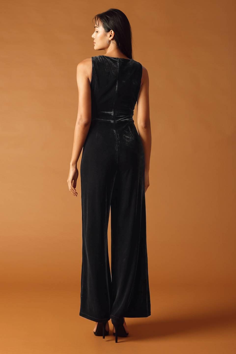 Sleeveless Wide Leg Velvet Jumpsuit in Black, back view | Lady Black Tie
