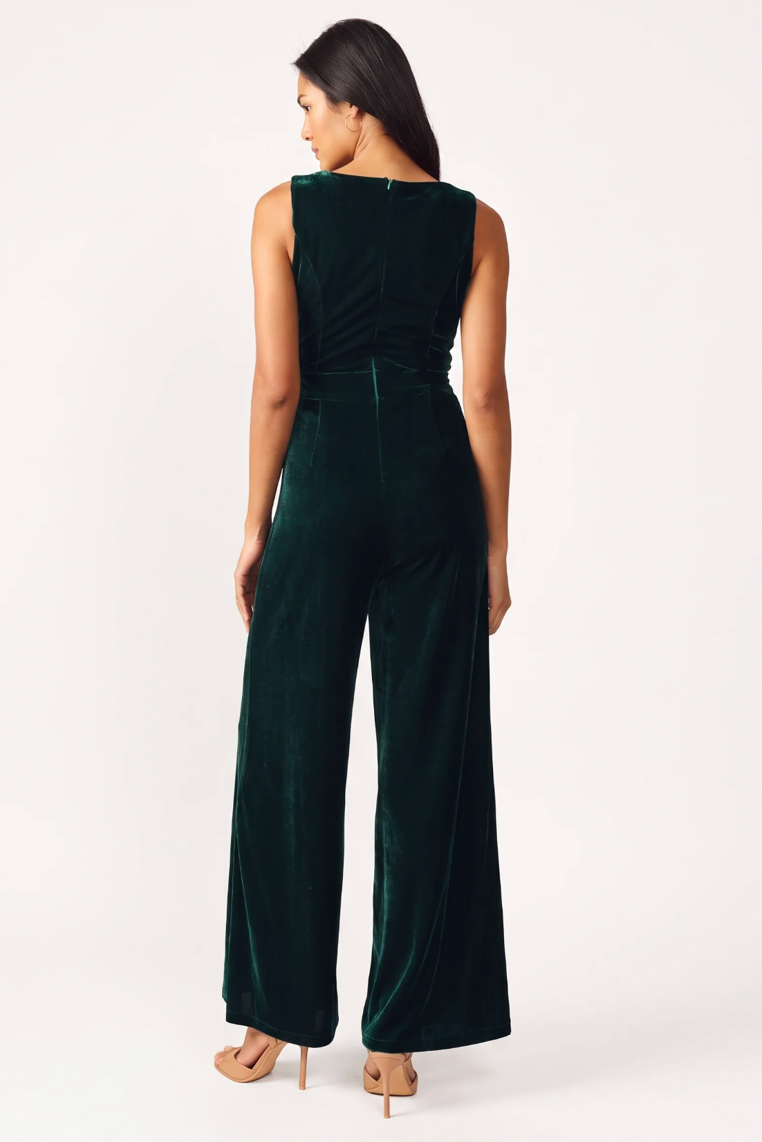 Sleeveless Wide Leg Velvet Jumpsuit in Green, back view | Lady Black Tie