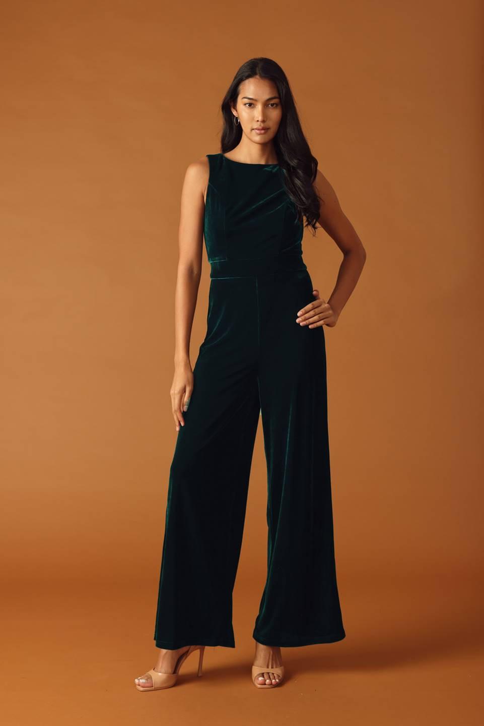 Sleeveless Wide Leg Velvet Jumpsuit in Green, front view | Lady Black Tie