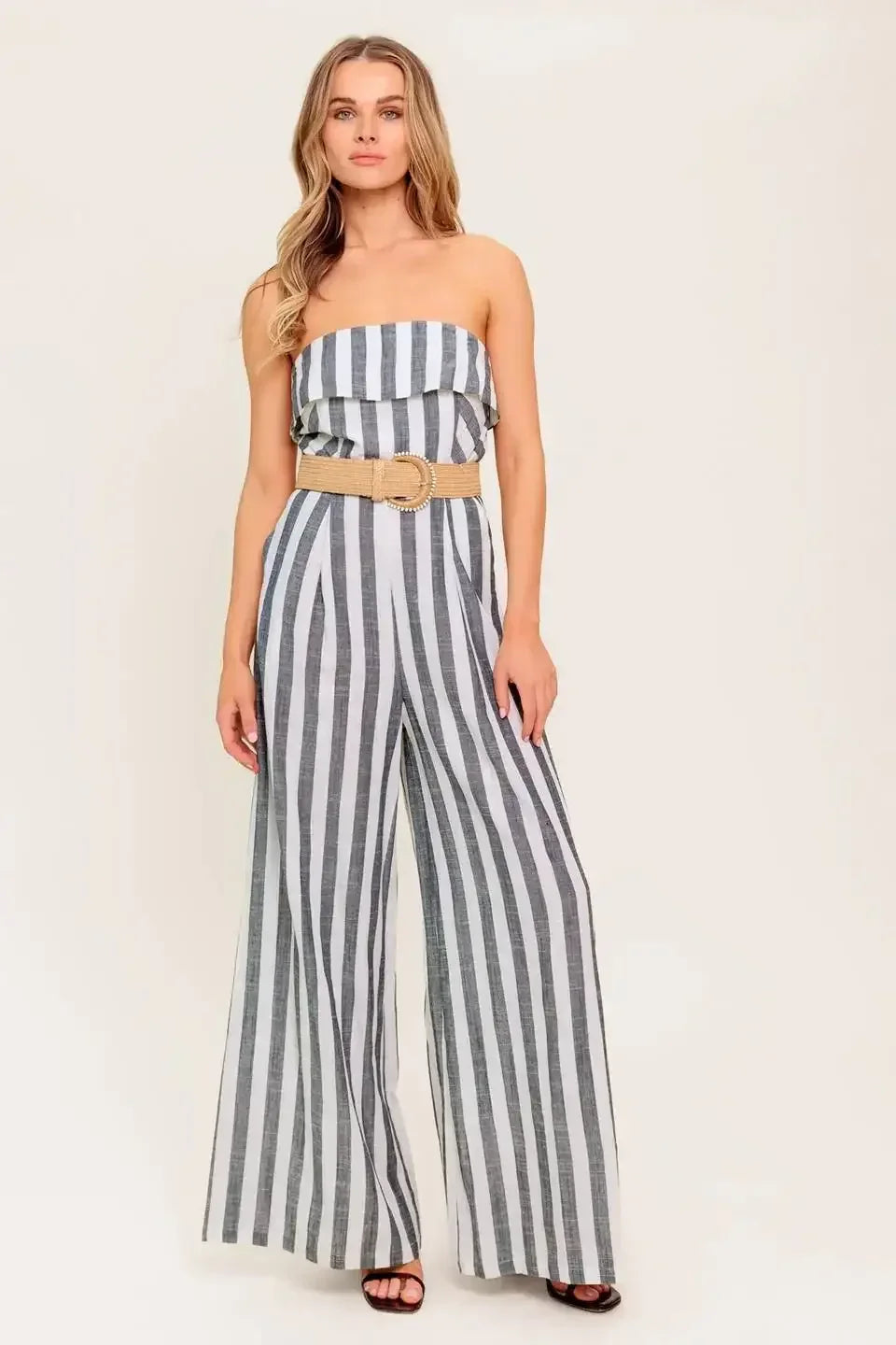 GREER STRAPLESS JUMPSUIT - WHITE & CHARCOAL STRIPE