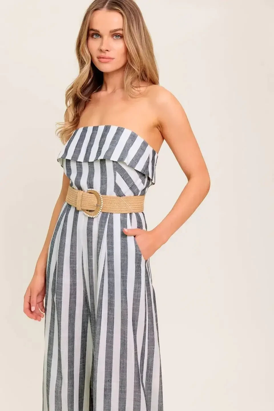GREER STRAPLESS JUMPSUIT - WHITE & CHARCOAL STRIPE