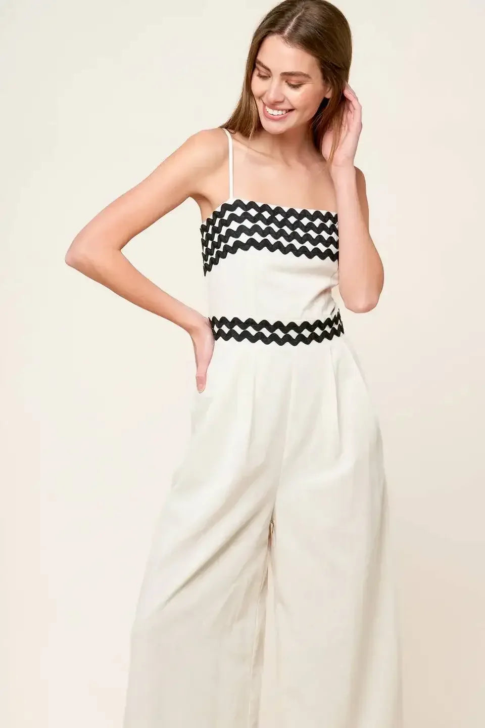 MEET AT THE PIER - CREAM - RIC RAC TRIM WIDE LEG JUMPSUIT