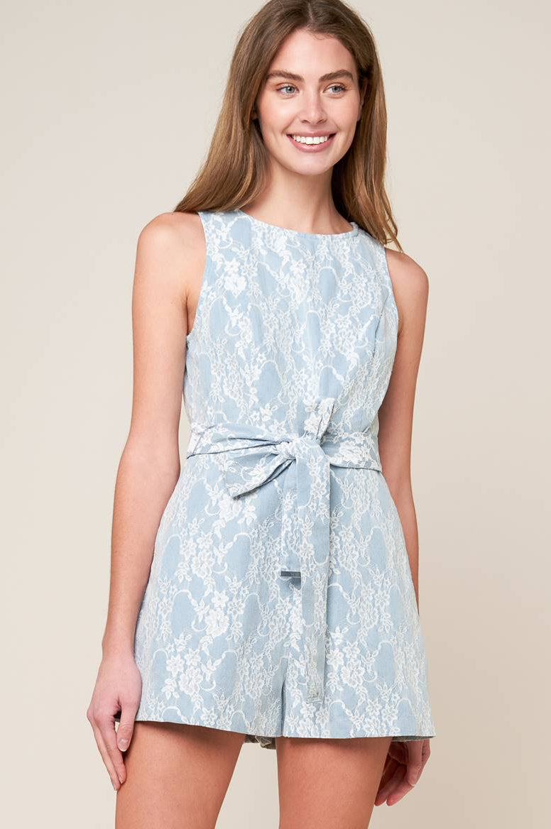 MOMENT MAKER - LIGHT BLUE DENIM & LACE ROMPER