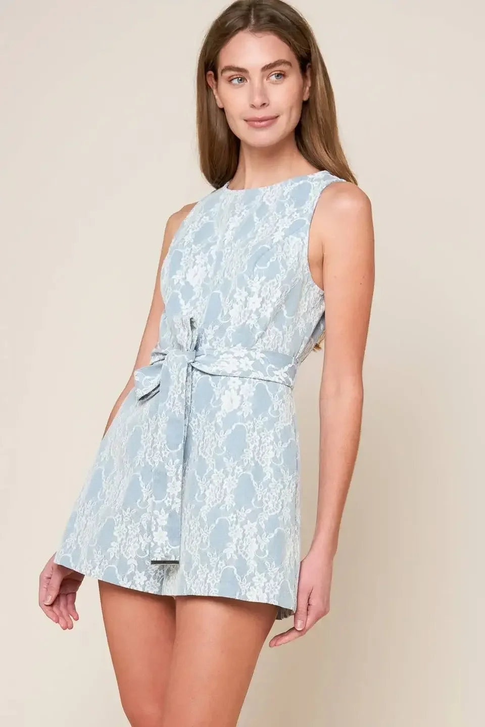MOMENT MAKER LACE & DENIM ROMPER - BLUE