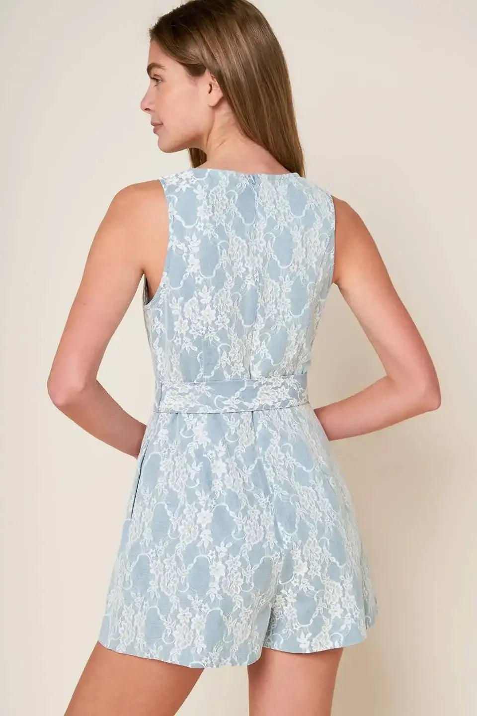 MOMENT MAKER LACE & DENIM ROMPER - BLUE