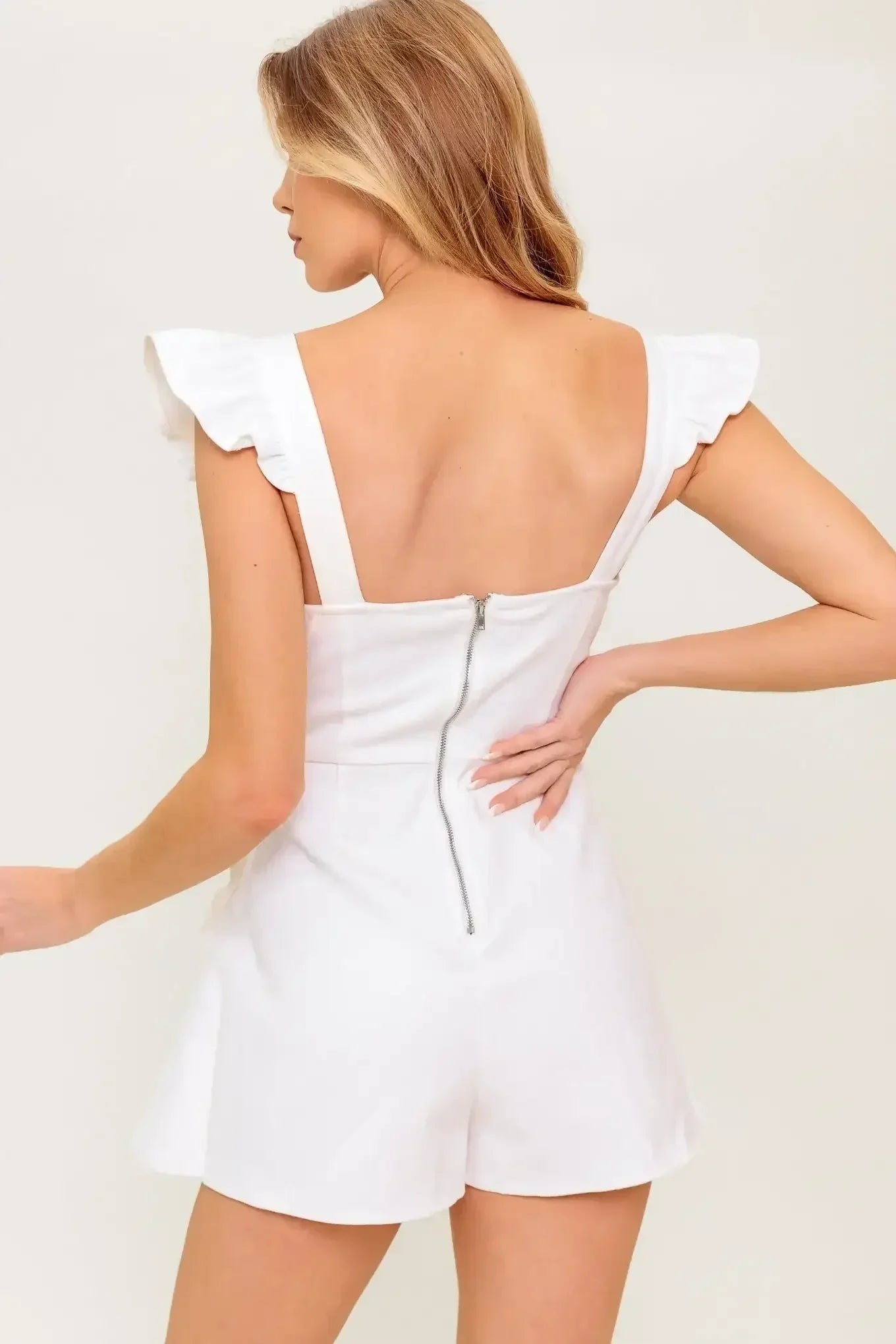 EXPLORING NEW CITIES - WHITE DENIM RUFFLE SKORT ROMPER
