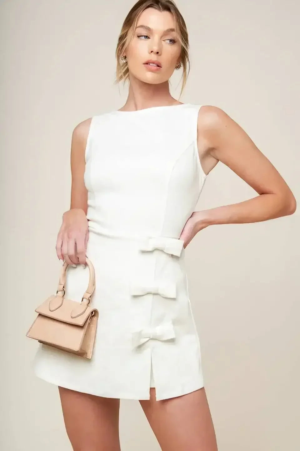 OPEN MINDED - WHITE DENIM BOW TRIM SKORT ROMPER