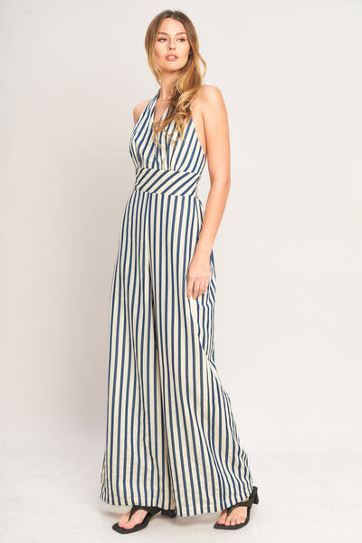 Ivory Navy Striped Halter Open Back Wide Leg Jumpsuit
