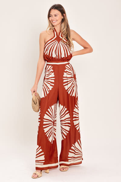 Terracotta Print Halter Tie Back Wide Leg Jumpsuit
