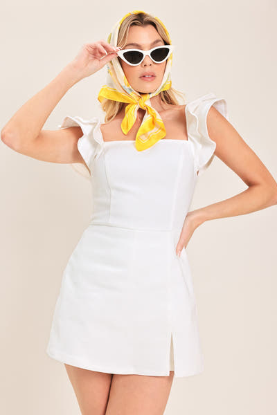 BAYSIDE DREAMS - RUFFLE SLEEVE WHITE SKORT ROMPER