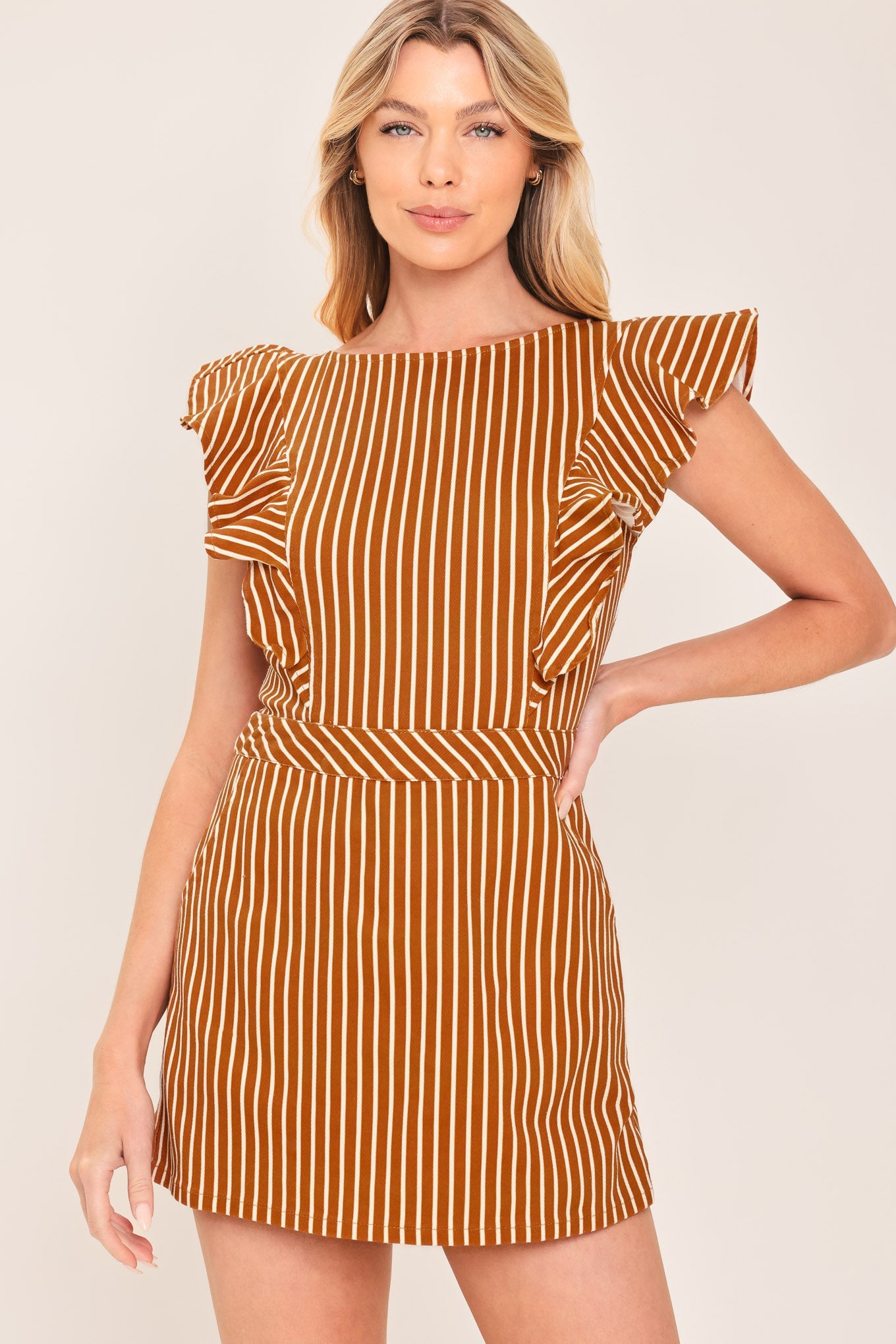 CINNAMON STRIPE - RUFFLE SEEVE SKORT ROMPER