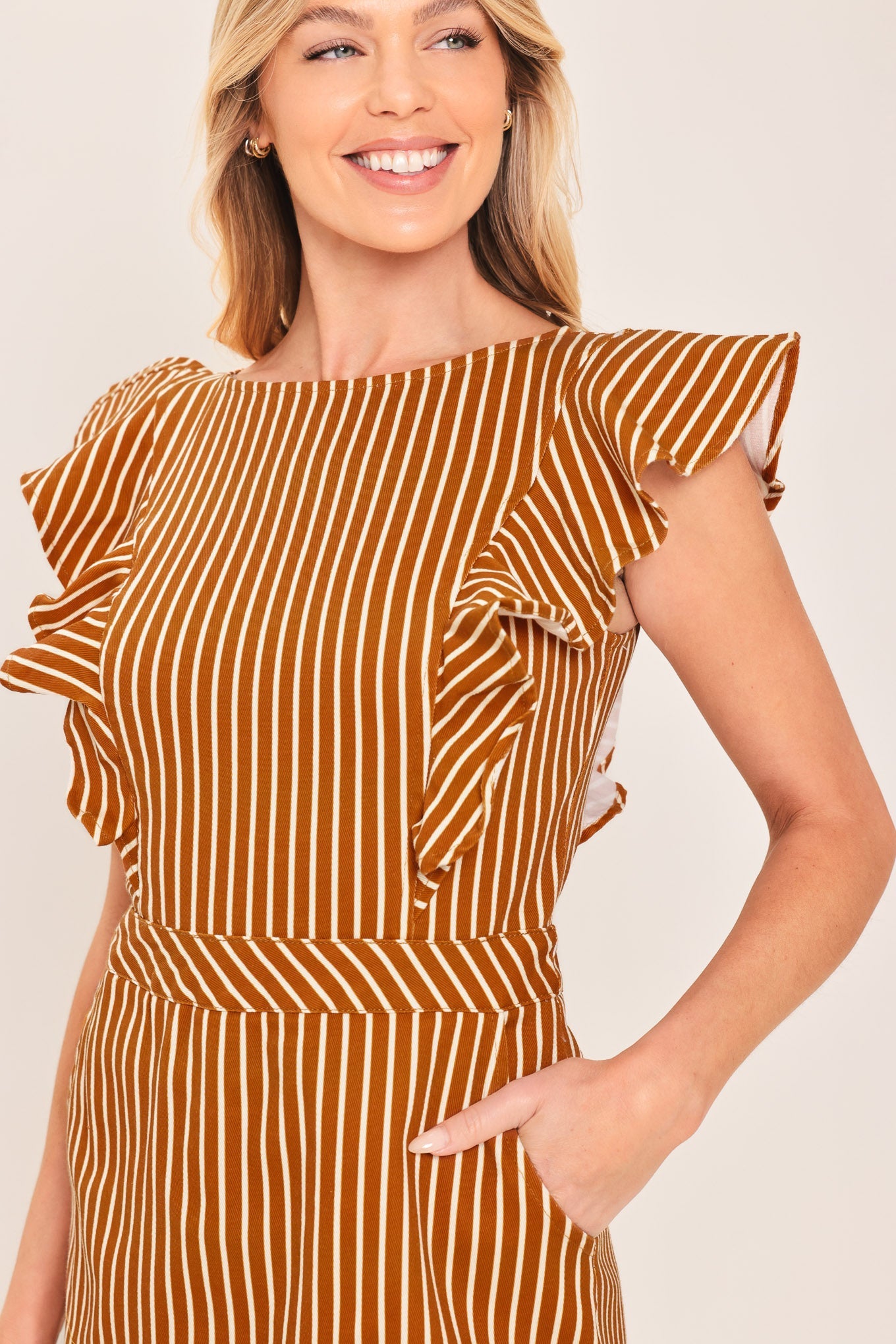 CINNAMON STRIPE - RUFFLE SEEVE SKORT ROMPER