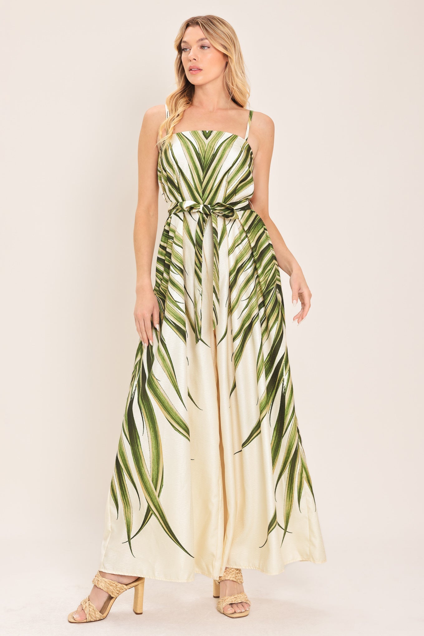 LEAFY PRINT WIDE LEG JUMPSUIT WITH POCKETS