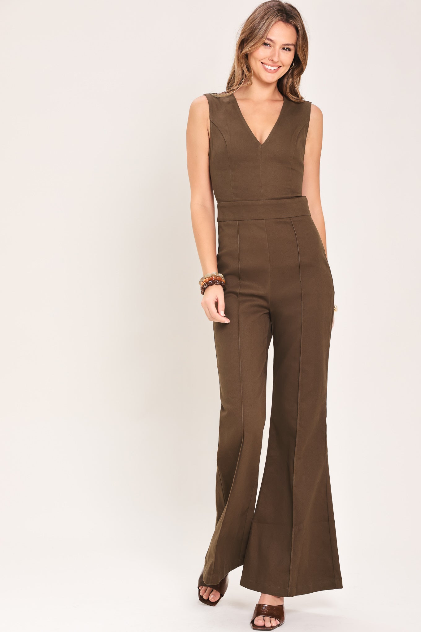 ESPRESSO DATE - FLARE LEG JUMPSUIT WITH BACK TIE
