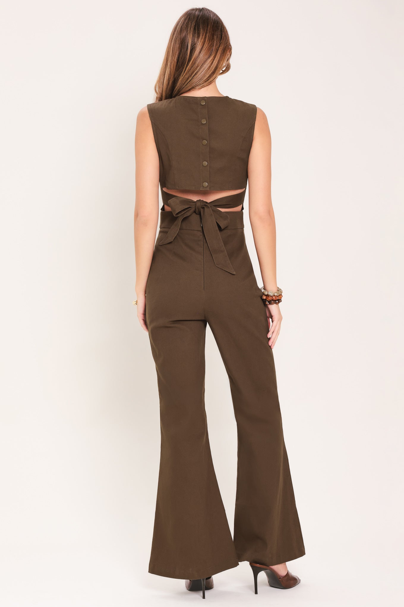 ESPRESSO DATE - FLARE LEG JUMPSUIT WITH BACK TIE