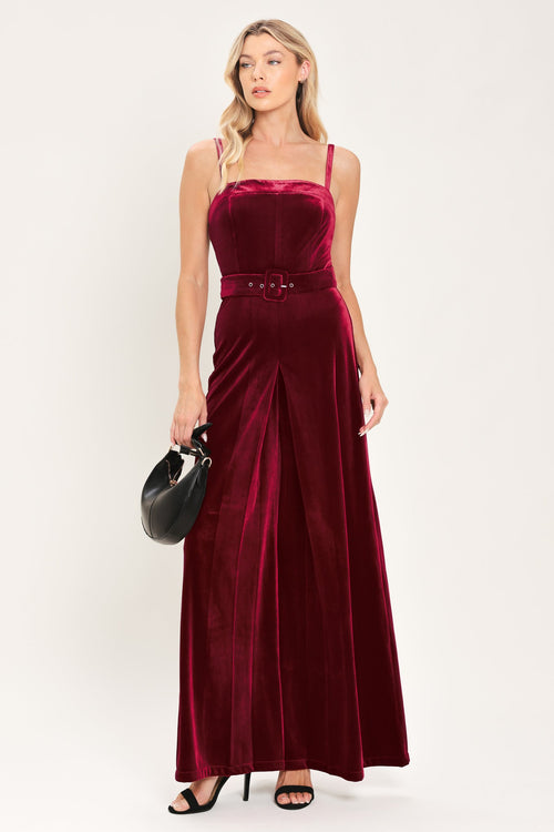 Wine After Dark Velvet Belted Wide-Leg Jumpsuit | Lady Black Tie