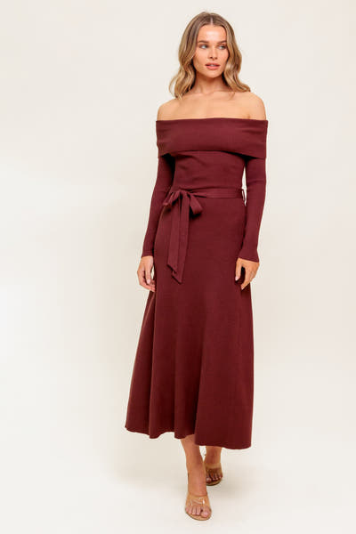 RUSTIC RETREAT - OFF THE SHOULDER SWEATER DRESS