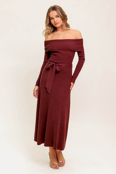 RUSTIC RETREAT - OFF THE SHOULDER SWEATER DRESS