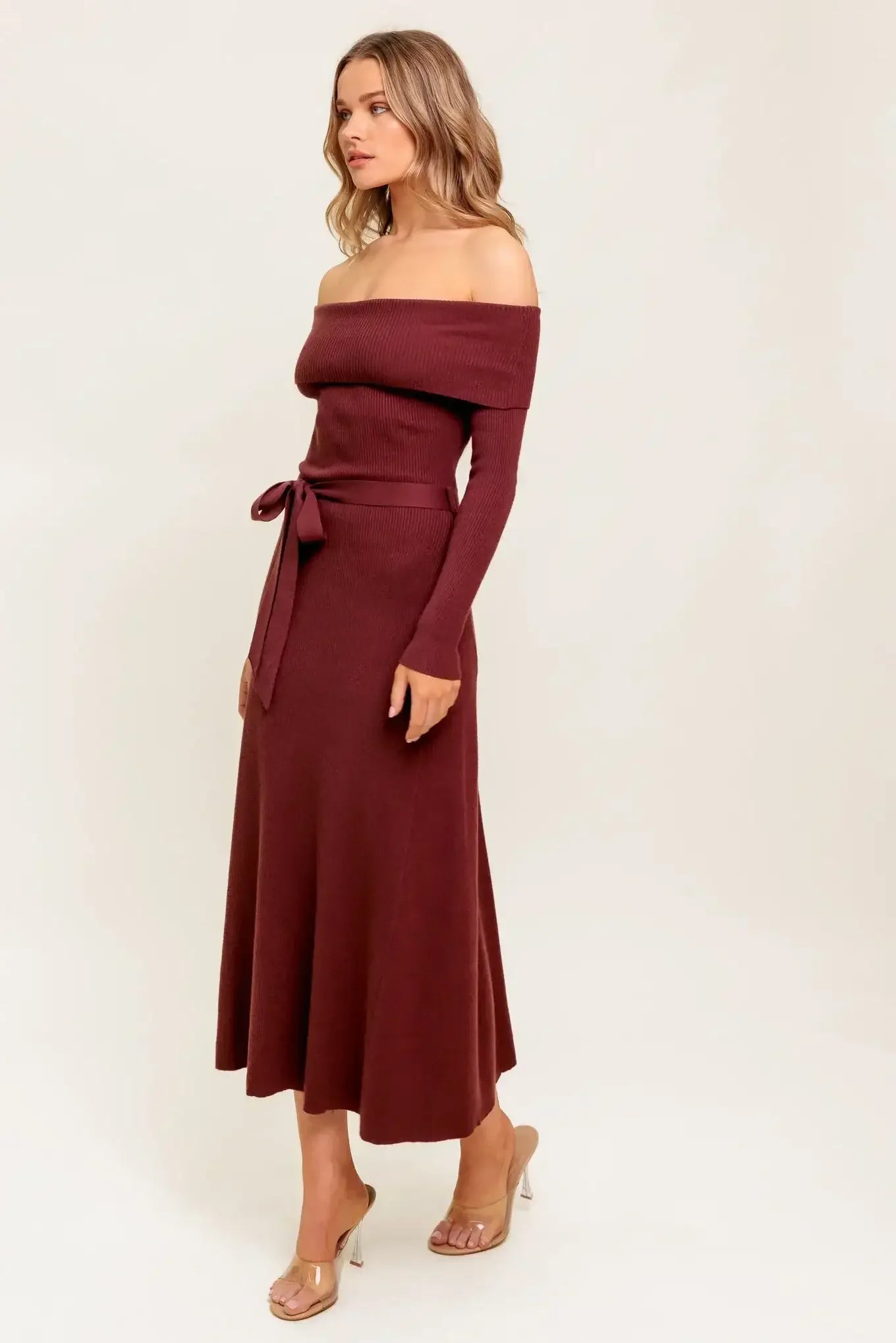 RUSTIC RETREAT - OFF THE SHOULDER SWEATER DRESS