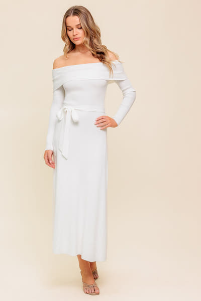 RUSTIC RETREAT - OFF THE SHOULDER SWEATER DRESS
