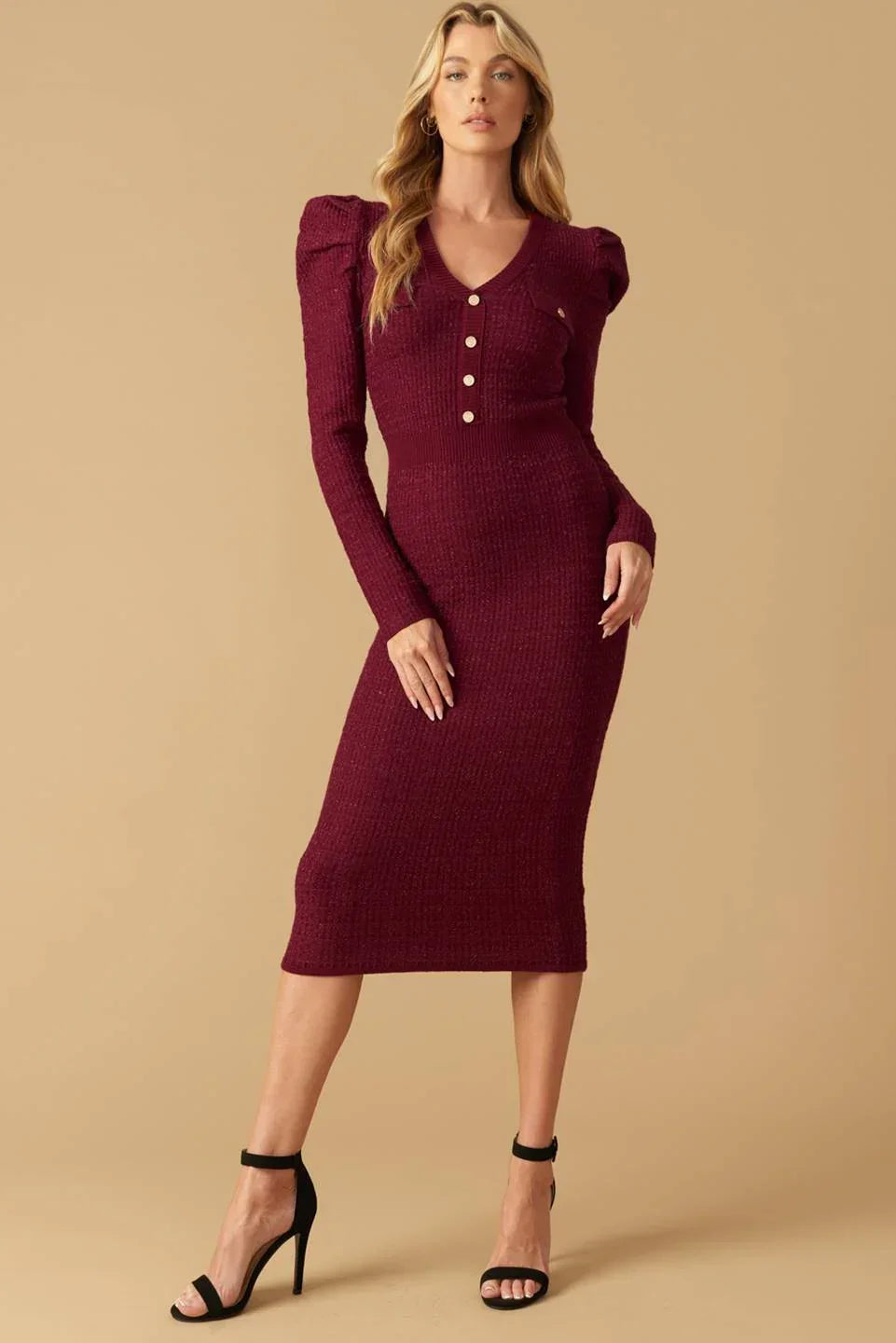 YOUNG LOVE - BURGUNDY - PUFF SLEEVE SWEATER DRESS - FINAL SALE