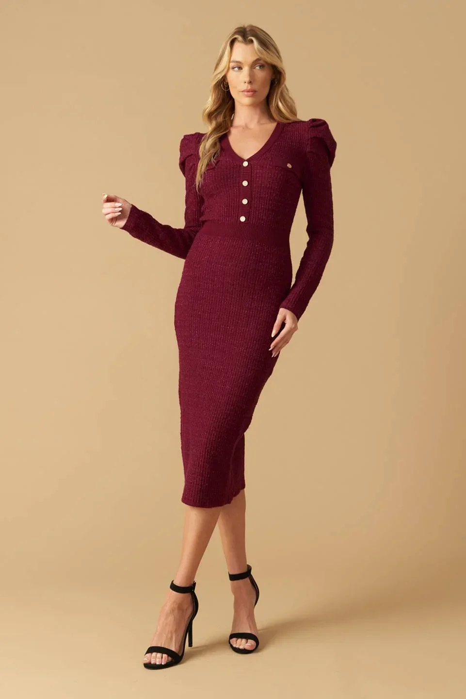 YOUNG LOVE - BURGUNDY - PUFF SLEEVE SWEATER DRESS - FINAL SALE