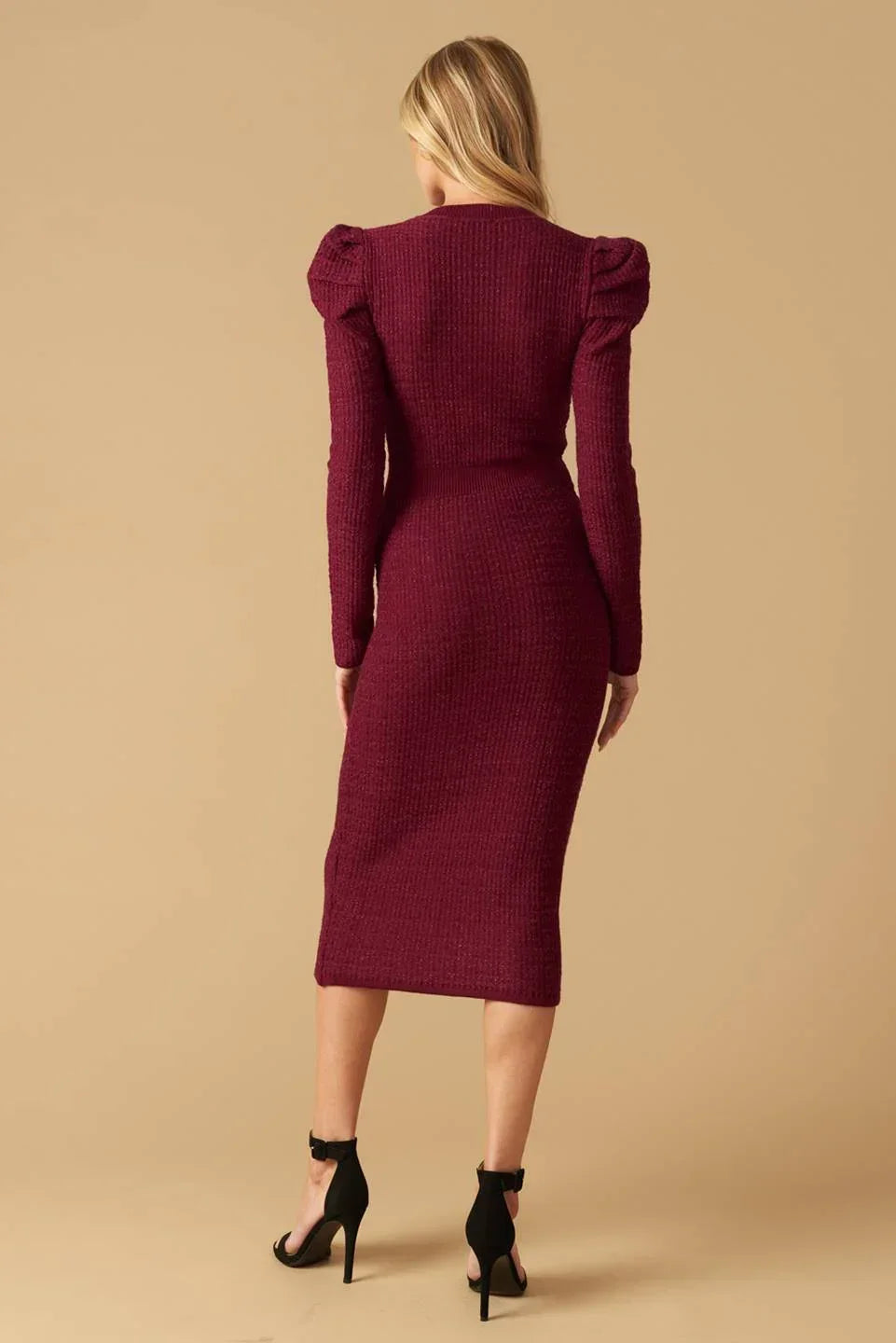 YOUNG LOVE - BURGUNDY - PUFF SLEEVE SWEATER DRESS - FINAL SALE